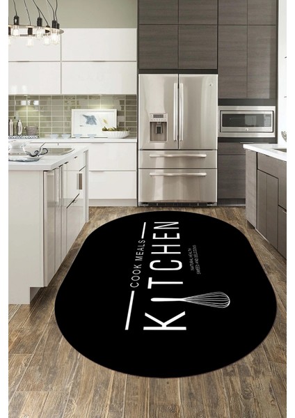 Dijital Baskılı Yıkanabilir Kaymaz Kitchen Yazılı Modern Oval Mutfak Halısı, O-Mutfak-04-Siyah,