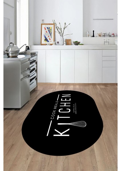 Dijital Baskılı Yıkanabilir Kaymaz Kitchen Yazılı Modern Oval Mutfak Halısı, O-Mutfak-04-Siyah,