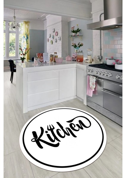 Kitchen Yazılı Çerçeveli Kaymaz Taban Yıkanabilir Yuvarlak Mutfak Halısı, Y-Mutfak-42-Beyaz,