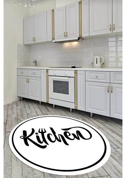 Kitchen Yazılı Çerçeveli Kaymaz Taban Yıkanabilir Yuvarlak Mutfak Halısı, Y-Mutfak-42-Beyaz, fiyatları