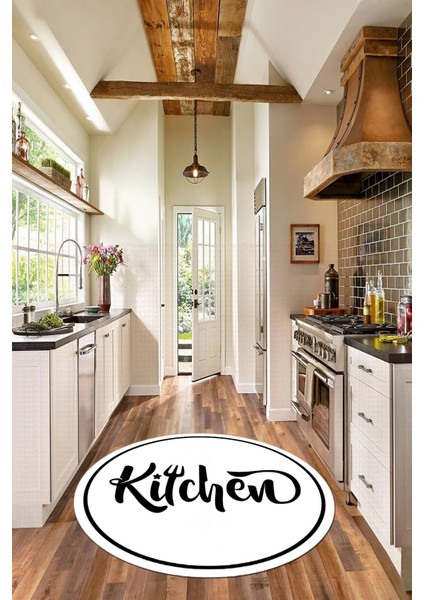 Kitchen Yazılı Çerçeveli Kaymaz Taban Yıkanabilir Yuvarlak Mutfak Halısı, Y-Mutfak-42-Beyaz, modelleri