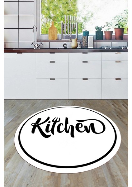Kitchen Yazılı Çerçeveli Kaymaz Taban Yıkanabilir Yuvarlak Mutfak Halısı, Y-Mutfak-42-Beyaz, fırsatları