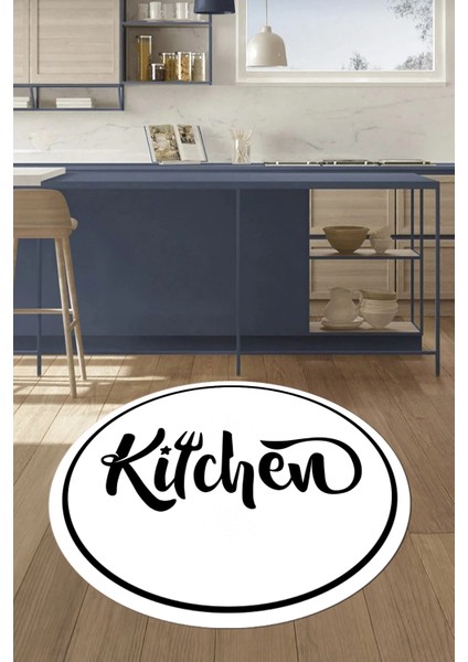 Kitchen Yazılı Çerçeveli Kaymaz Taban Yıkanabilir Yuvarlak Mutfak Halısı, Y-Mutfak-42-Beyaz, indirimleri