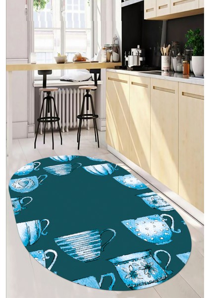 Dijital Baskılı Kaymaz Taban Renkli Fincanlar Oval Mutfak Halısı, O-Mutfak-26-Mavi,