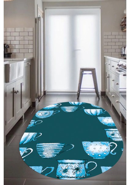 Dijital Baskılı Kaymaz Taban Renkli Fincanlar Oval Mutfak Halısı, O-Mutfak-26-Mavi, fiyatları