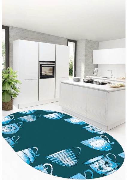 Dijital Baskılı Kaymaz Taban Renkli Fincanlar Oval Mutfak Halısı, O-Mutfak-26-Mavi, modelleri