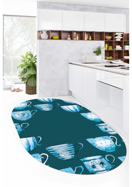 Dijital Baskılı Kaymaz Taban Renkli Fincanlar Oval Mutfak Halısı, O-Mutfak-26-Mavi, fırsatları