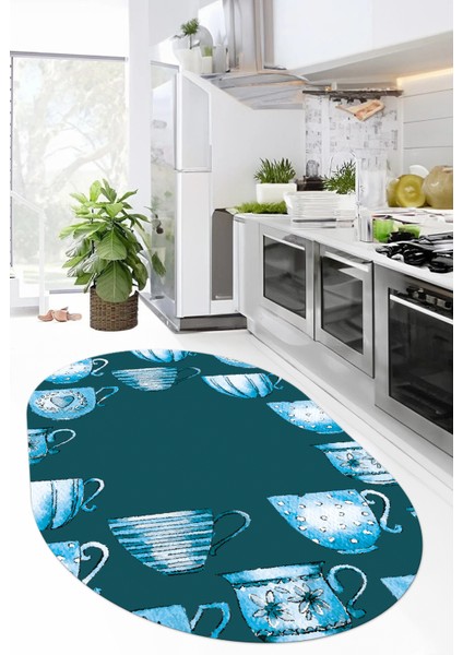 Dijital Baskılı Kaymaz Taban Renkli Fincanlar Oval Mutfak Halısı, O-Mutfak-26-Mavi, indirimleri