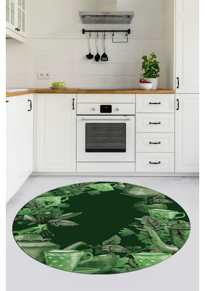Dijital Baskılı Kaymaz Taban Renkli Fincan Motifli Yuvarlak Mutfak Halısı, Y-Mutfak-25-Yeşil,