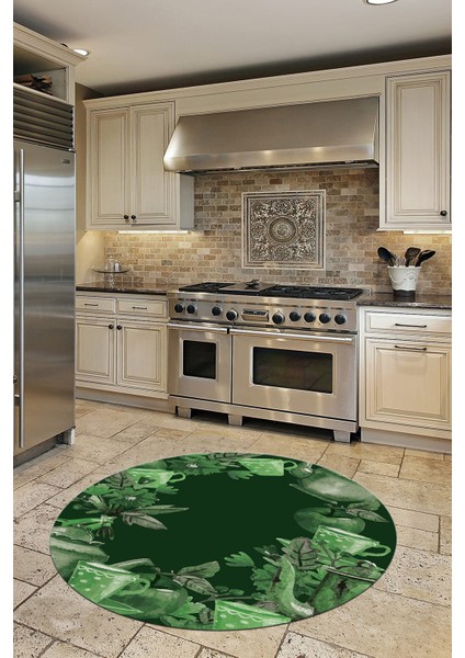 Dijital Baskılı Kaymaz Taban Renkli Fincan Motifli Yuvarlak Mutfak Halısı, Y-Mutfak-25-Yeşil, fiyatları