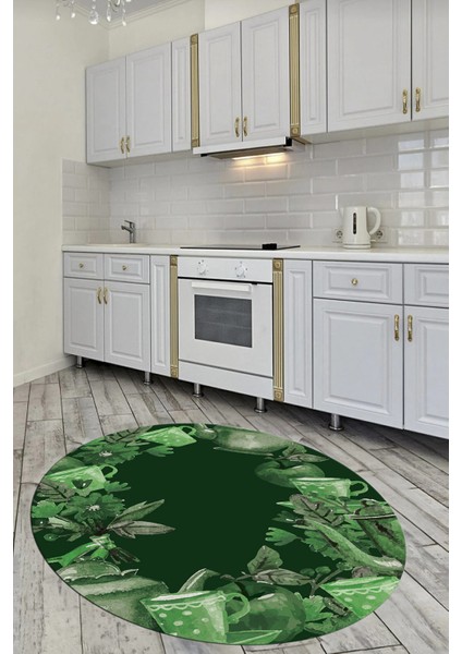 Dijital Baskılı Kaymaz Taban Renkli Fincan Motifli Yuvarlak Mutfak Halısı, Y-Mutfak-25-Yeşil, fırsatları