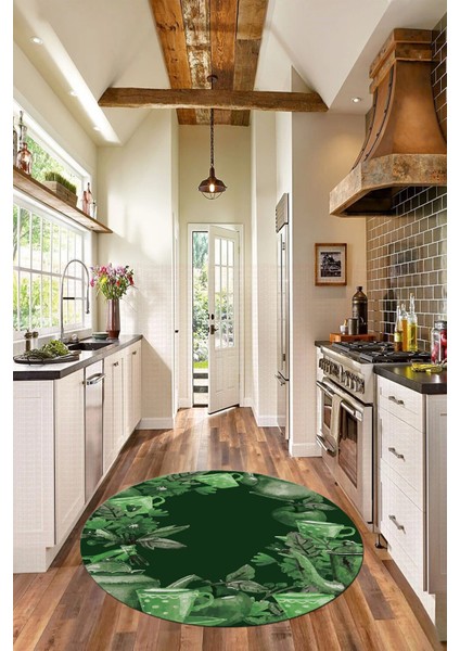 Dijital Baskılı Kaymaz Taban Renkli Fincan Motifli Yuvarlak Mutfak Halısı, Y-Mutfak-25-Yeşil, indirimleri
