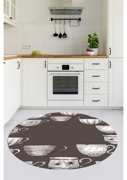 Dijital Baskılı Kaymaz Taban Renkli Fincanlar Yuvarlak Mutfak Halısı, Y-Mutfak-26-Vizon,