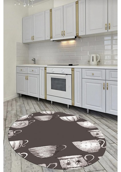 Dijital Baskılı Kaymaz Taban Renkli Fincanlar Yuvarlak Mutfak Halısı, Y-Mutfak-26-Vizon, fırsatları