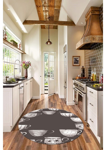 Dijital Baskılı Kaymaz Taban Renkli Fincanlar Yuvarlak Mutfak Halısı, Y-Mutfak-26-Vizon, indirimleri