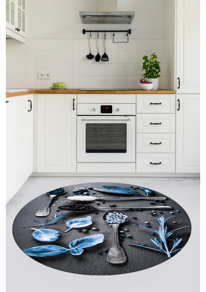 3D Dijital Baskılı Kaymaz Taban Baharat Temalı Yuvarlak Mutfak Halısı, Y-Mutfak-27-Mavi,