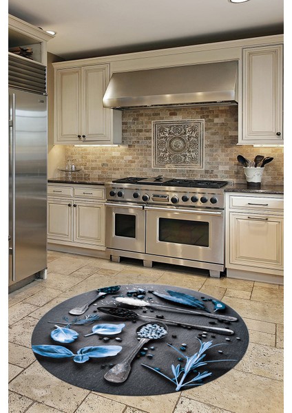 3D Dijital Baskılı Kaymaz Taban Baharat Temalı Yuvarlak Mutfak Halısı, Y-Mutfak-27-Mavi, fiyatları