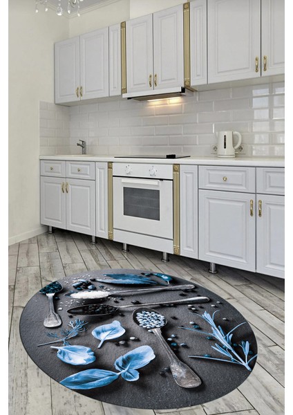 3D Dijital Baskılı Kaymaz Taban Baharat Temalı Yuvarlak Mutfak Halısı, Y-Mutfak-27-Mavi, fırsatları