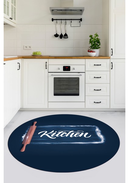 Kitchen Yazılı Merdane Desenli Yıkanabilir Yuvarlak Mutfak Halısı, Y-Mutfak-28-Mavi,