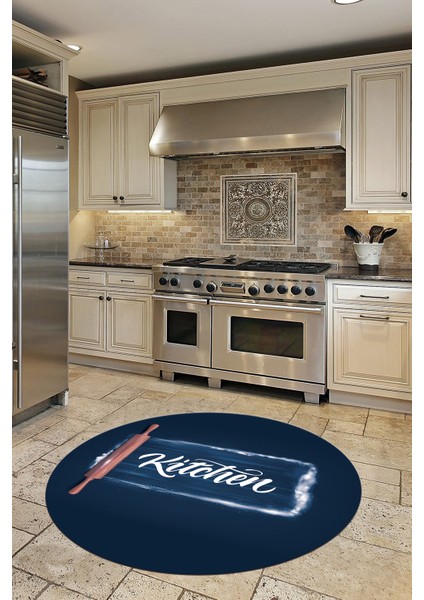 Kitchen Yazılı Merdane Desenli Yıkanabilir Yuvarlak Mutfak Halısı, Y-Mutfak-28-Mavi, fiyatları