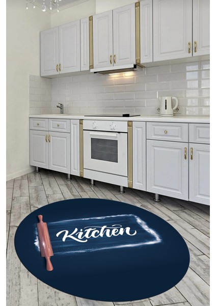 Kitchen Yazılı Merdane Desenli Yıkanabilir Yuvarlak Mutfak Halısı, Y-Mutfak-28-Mavi, fırsatları