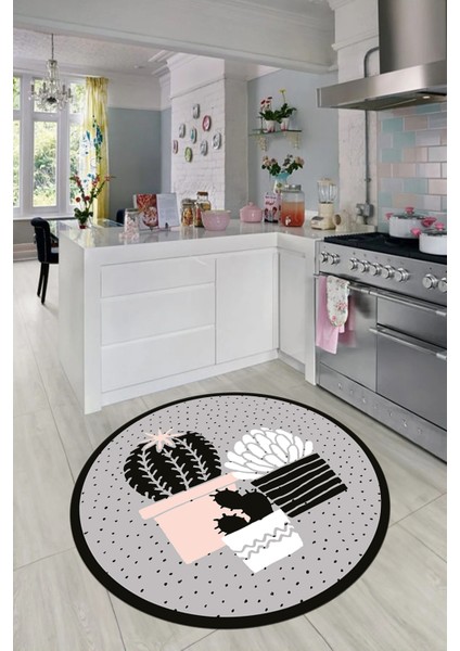 Dijital Baskılı Kaymaz Taban Yıkanabilir Kaktüs Desenli Yuvarlak Mutfak Halısı, Y-Mutfak-38-Gri,