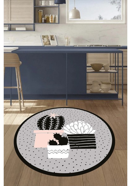 Dijital Baskılı Kaymaz Taban Yıkanabilir Kaktüs Desenli Yuvarlak Mutfak Halısı, Y-Mutfak-38-Gri, indirimleri