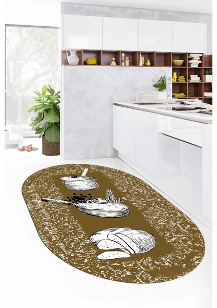 Tencere Ekmek Desenli Kaymaz Taban Yıkanabilir Oval Mutfak Halısı, O-Mutfak-45-Kahve,