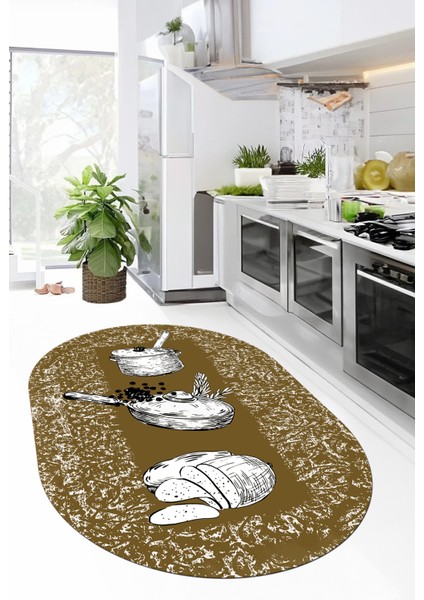 Tencere Ekmek Desenli Kaymaz Taban Yıkanabilir Oval Mutfak Halısı, O-Mutfak-45-Kahve, fiyatları