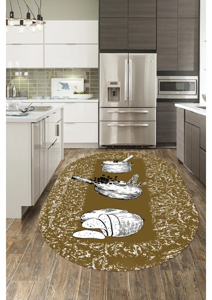 Tencere Ekmek Desenli Kaymaz Taban Yıkanabilir Oval Mutfak Halısı, O-Mutfak-45-Kahve, modelleri