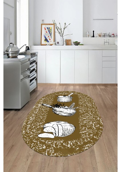 Tencere Ekmek Desenli Kaymaz Taban Yıkanabilir Oval Mutfak Halısı, O-Mutfak-45-Kahve, fırsatları