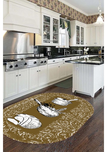 Tencere Ekmek Desenli Kaymaz Taban Yıkanabilir Oval Mutfak Halısı, O-Mutfak-45-Kahve, indirimleri