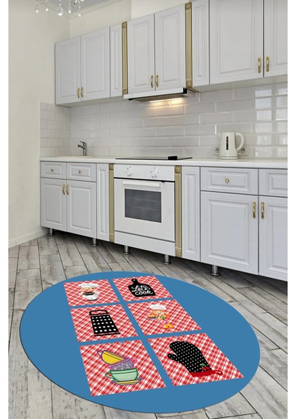 Dijital Kaymaz Taban Yıkanabilir Renkli Modern Şık Yuvarlak Mutfak Halısı, Y-Mutfak-43-Mavi,
