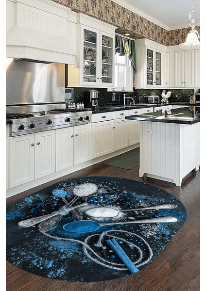 Dijital Baskılı Kaymaz Taban Kaşık Baharat Desenli Oval Mutfak Halısı, O-Mutfak-19-Mavi,