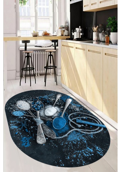 Dijital Baskılı Kaymaz Taban Kaşık Baharat Desenli Oval Mutfak Halısı, O-Mutfak-19-Mavi, fiyatları