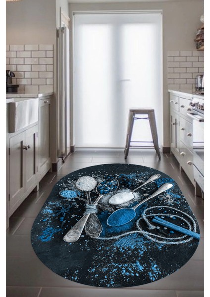 Dijital Baskılı Kaymaz Taban Kaşık Baharat Desenli Oval Mutfak Halısı, O-Mutfak-19-Mavi, modelleri