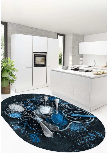 Dijital Baskılı Kaymaz Taban Kaşık Baharat Desenli Oval Mutfak Halısı, O-Mutfak-19-Mavi, fırsatları