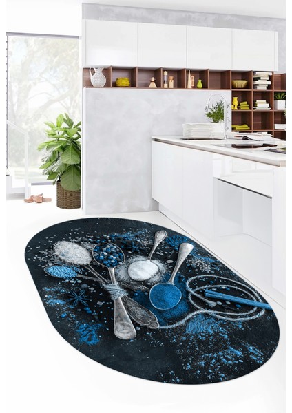Dijital Baskılı Kaymaz Taban Kaşık Baharat Desenli Oval Mutfak Halısı, O-Mutfak-19-Mavi, indirimleri