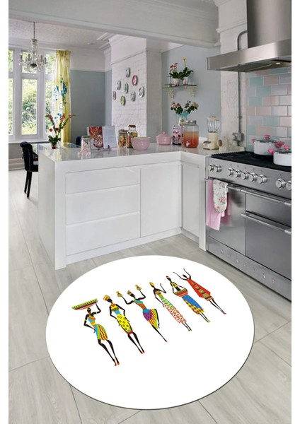 Etnik Motifli Modern Kaymaz Taban Yıkanabilir Yuvarlak Mutfak Halısı, Y-Mutfak-40-Beyaz,