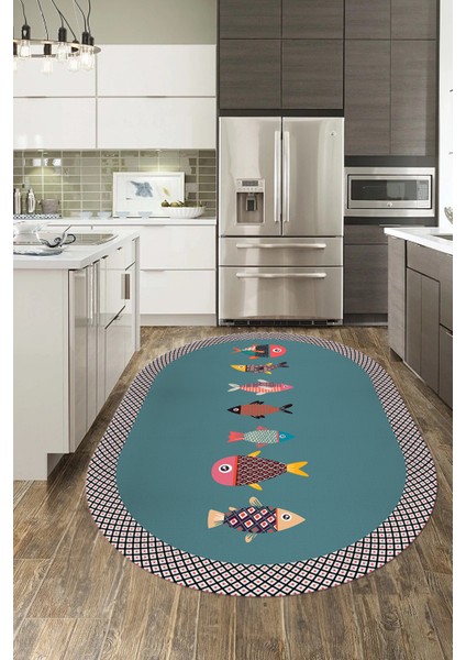 Dijital Baskılı Kaymaz Yıkanabilir Renkli Balık Desen Oval Mutfak Halısı, O-Mutfak-11-Turkuaz,