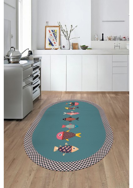 Dijital Baskılı Kaymaz Yıkanabilir Renkli Balık Desen Oval Mutfak Halısı, O-Mutfak-11-Turkuaz, fiyatları