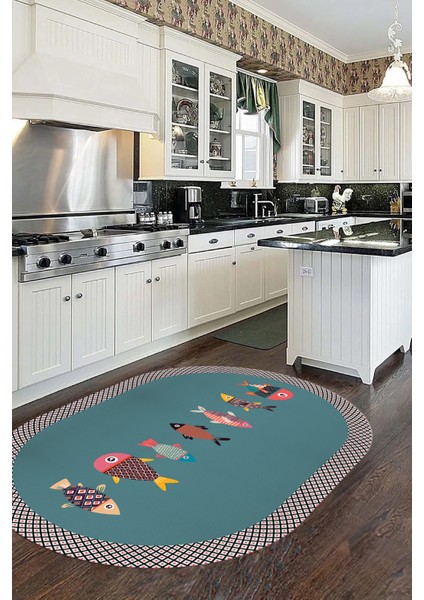 Dijital Baskılı Kaymaz Yıkanabilir Renkli Balık Desen Oval Mutfak Halısı, O-Mutfak-11-Turkuaz, modelleri
