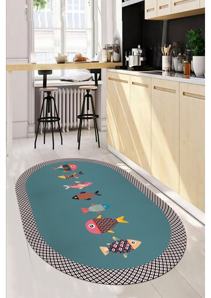 Dijital Baskılı Kaymaz Yıkanabilir Renkli Balık Desen Oval Mutfak Halısı, O-Mutfak-11-Turkuaz, fırsatları