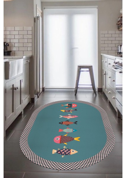 Dijital Baskılı Kaymaz Yıkanabilir Renkli Balık Desen Oval Mutfak Halısı, O-Mutfak-11-Turkuaz, indirimleri