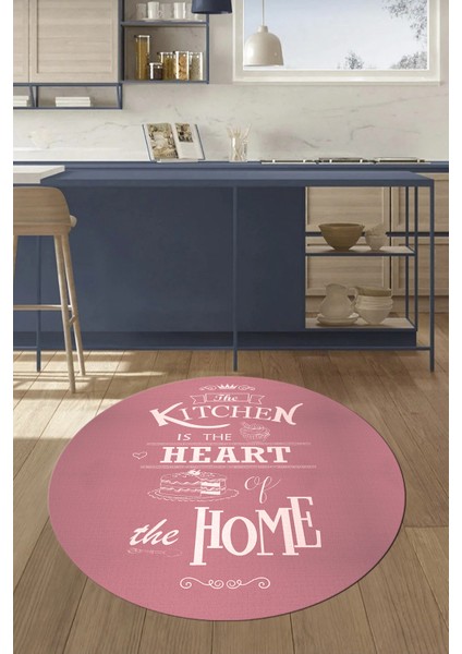 Kitchen Home Yazılı Kaymaz Taban Yıkanabilir Yuvarlak Mutfak Halısı, Y-Mutfak-15-Pembe,