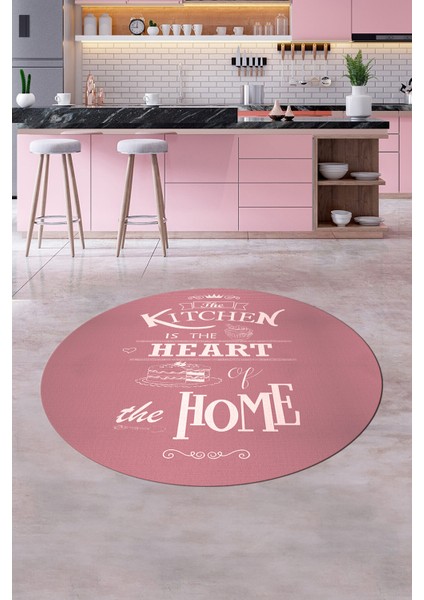 Kitchen Home Yazılı Kaymaz Taban Yıkanabilir Yuvarlak Mutfak Halısı, Y-Mutfak-15-Pembe,