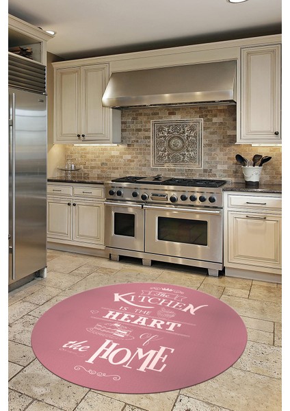 Kitchen Home Yazılı Kaymaz Taban Yıkanabilir Yuvarlak Mutfak Halısı, Y-Mutfak-15-Pembe,