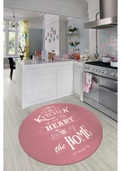 Kitchen Home Yazılı Kaymaz Taban Yıkanabilir Yuvarlak Mutfak Halısı, Y-Mutfak-15-Pembe,