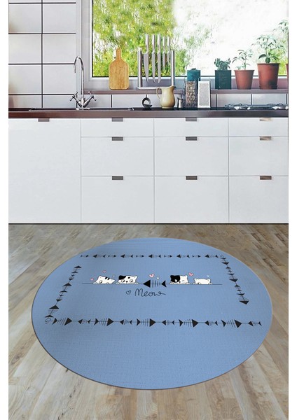 Sevimli Hayvanlar Desenli Kaymaz Taban Yıkanabilir Yuvarlak Mutfak Halısı, Y-Mutfak-10-Mavi,