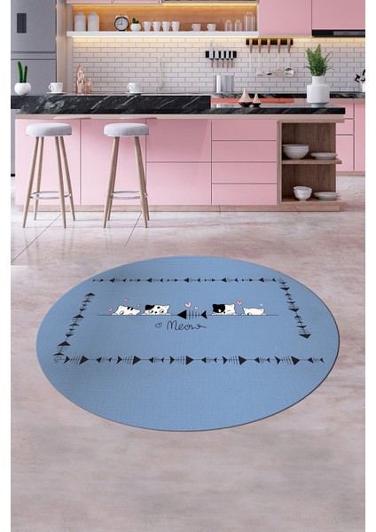 Sevimli Hayvanlar Desenli Kaymaz Taban Yıkanabilir Yuvarlak Mutfak Halısı, Y-Mutfak-10-Mavi, modelleri